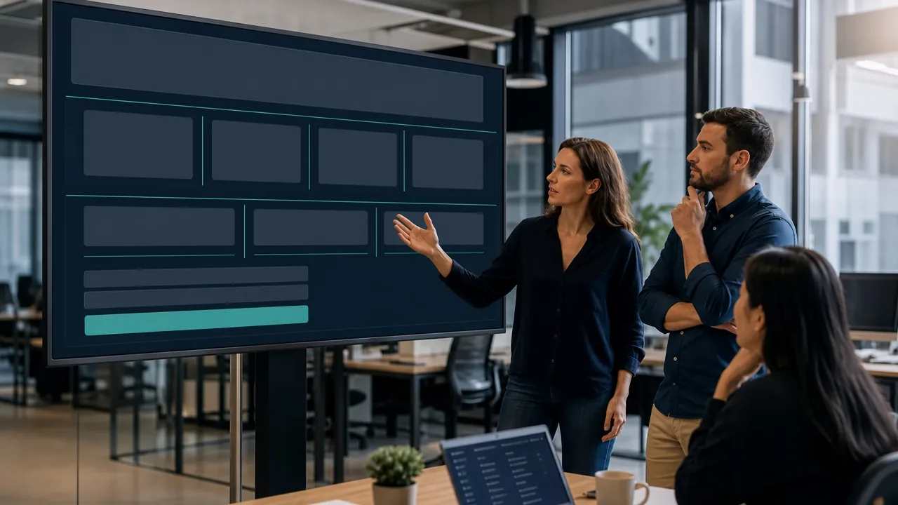 Equipe revisando a estrutura de uma landing page de alta conversão: título, benefícios, prova e formulário